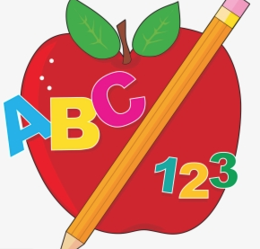 Graphic of apple with pencil and "ABC" "123"